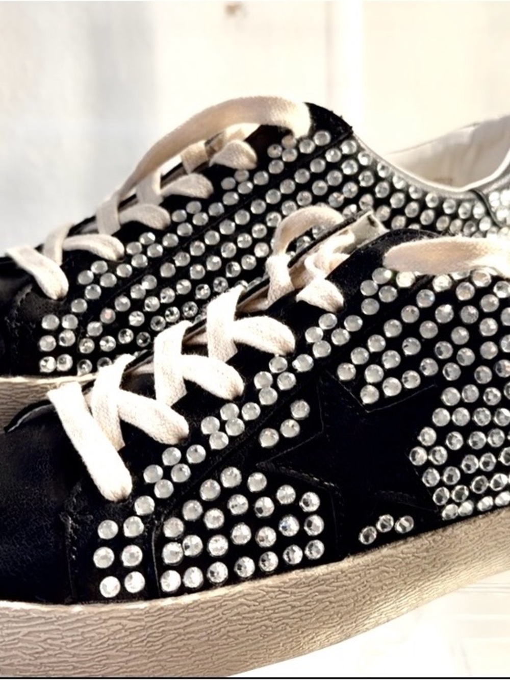 Mi.iM Black Crystal-Studded Women's Sneakers with Cream Laces
